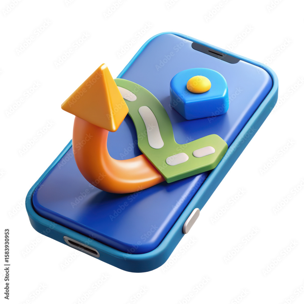 Poster a vibrant 3d rendered mobile phone with a colorful arrow and navigation marker representing directio