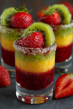 Colorful layered jungle juice shots garnished with fresh fruits