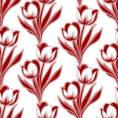 simple seamless white and red pattern of tulip flowers, background, texture