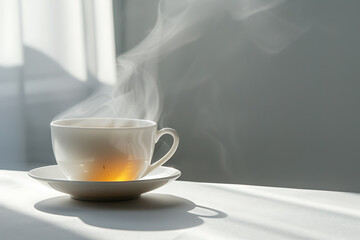 morning tea enjoyment, herbal tea in a cup radiates steam under the sunlight peeking through sheer curtains