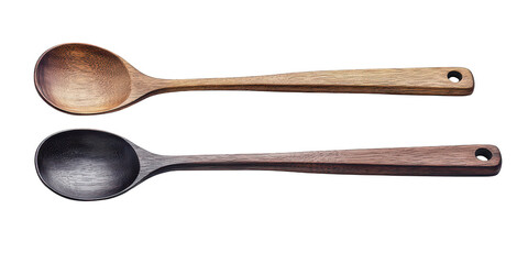 Two wooden spoons close up view on transparent png background