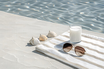 beach vacation essentials, arrangement of seashells, sunglasses, and sunscreen on a striped towel