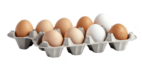 Carton of assorted eggs displayed on transparent png background