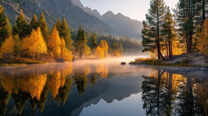 Fototapeta premium Golden Autumn Sunrise Over Still Lake And Mountain Reflection