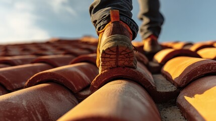 The Worker Navigating a Rooftop with Safety Boots on Terracotta Tiles