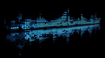 Abstract Sound Wave Audio Graphic with Lower Right "Credit" Text, Cyan-Blue Light and Black Shadows on Dark Gradient, Dramatic High-Detail Background.