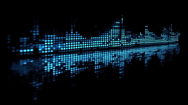 Abstract Sound Wave Audio Graphic with Lower Right "Credit" Text, Cyan-Blue Light and Black Shadows on Dark Gradient, Dramatic High-Detail Background.