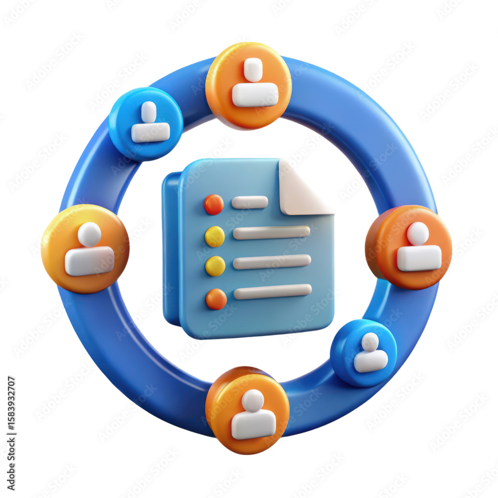 Poster conceptual 3d illustration representing teamwork and collaboration with a document and user icons in