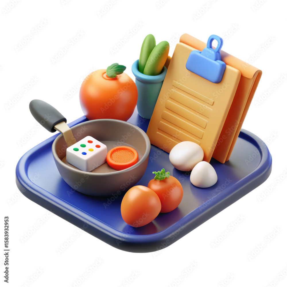 Fototapete creative still life illustration showcasing 3d rendered fruits vegetables and culinary tools arrange