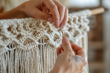 Close-up of hands tying macrame knots with thick cotton cord. Handmade boho wall decor in progress, showcasing detailed craftsmanship and natural textures in a cozy setting