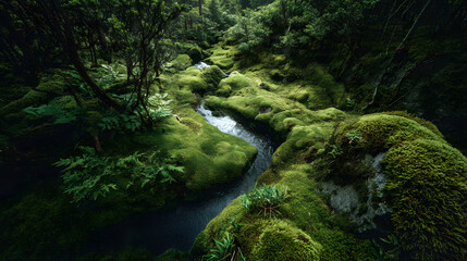 Enchanting Moss-Covered Stream Meandering Through a Serene, Lush Green Ancient Forest