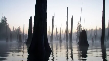 Thin fog rising through snags and partially submerged trunks in a flooded forest zone. - Powered by Adobe