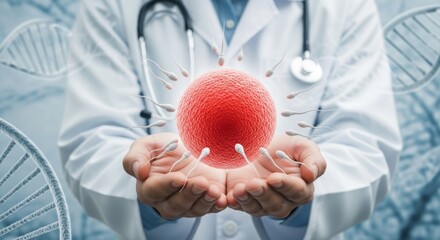 A doctor holds a fertilized egg cell surrounded by sperm, representing fertility and reproduction