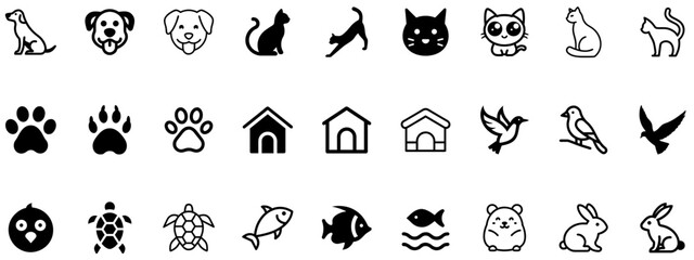 Naklejka premium Minimal Black Animals & Pets Icons | Dog, Cat, Bird, Fish, Bunny, Paw Print, Pet House & More for Pet Care Apps