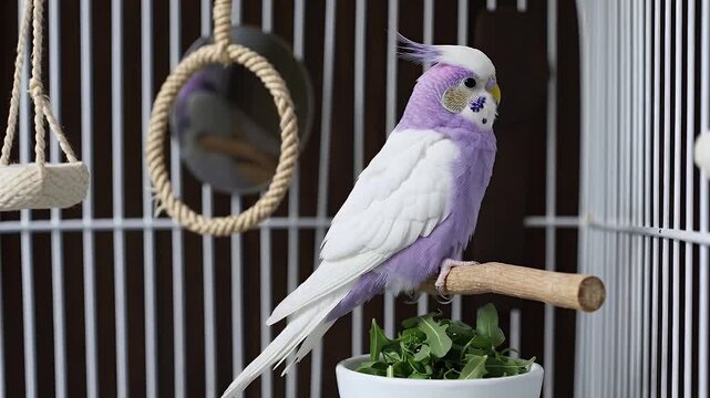 white lilac budgerigar bird happily pecks on fresh arugula leaves in cozy cage setting showcasing vibrant indoor pet feeding behavior and promoting awareness of proper avian nutrition and care