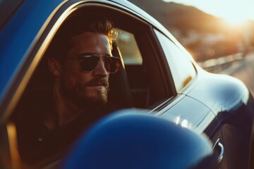 Young Man in Elegant Pose Driving a Sleek Blue Sports Car at Sunset in Barcelona
