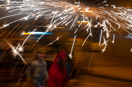 "correfocs" beasts and devils run through the streets during the Majorcan festivals of Catalonia, correfocs del fort pienc Barcelona,