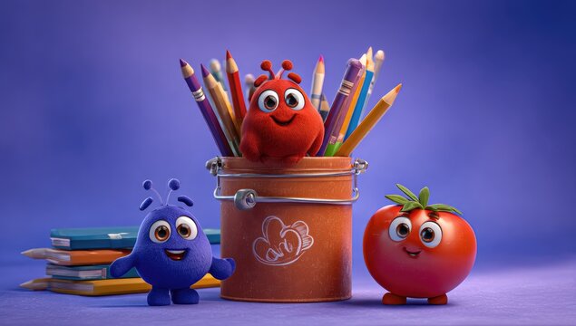 Three cartoon characters?a red, a blue, and a tomato-shaped one?surround a tin of colorful pencils - Powered by Adobe