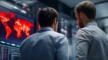 IT professionals analyzing cyber threats in data center with red world map display