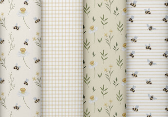 Set of seamless watercolor patterns with bees, daffodils, buttercups, gingham plaid, yellow stripes and leaves. Ideal for spring-themed packaging, nursery decor, kids textiles, scrapbooking and crafts