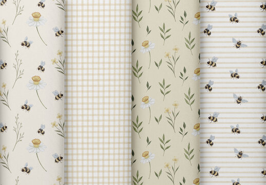 Set of seamless watercolor patterns with bees, daffodils, buttercups, gingham plaid, yellow stripes and leaves. Ideal for spring-themed packaging, nursery decor, kids textiles, scrapbooking and crafts