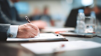 Close-up of person writing in meeting