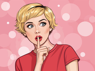 Cartoon woman shushing with finger on lips asking for silence with short blonde hair illustration