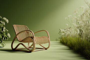 Fototapeta premium trendy rattan chair perfectly blends style and comfort set against vibrant green backdrop