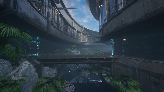 Fantasy futuristic science fiction environment with a platform connecting two buildings above overgrown rock landscape. 3D rendered illustration.