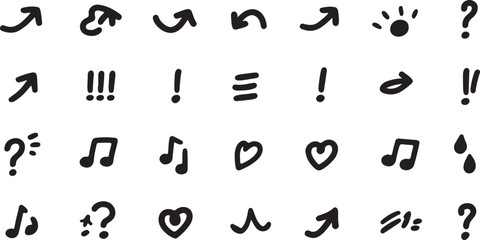 Black hand drawn symbols arrows music notes hearts punctuation marks exclamation mark question mark