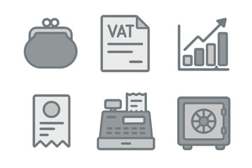 Finance icons in light and dark gray shades: coin purse, VAT doc, bar chart, bill, register, safe box. Flat cartoon style on transparent.