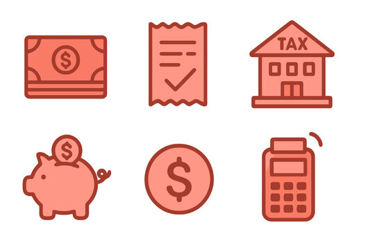 Finance icons in light and dark red shades: banknote, receipt, tax office, piggy bank, dollar circle, terminal. Flat cartoon style on transparent.