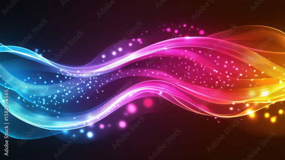 Poster colorful flowing wave lines with glowing particles on dark background. digital abstract pattern for 