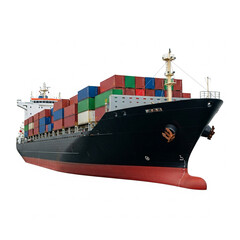 Cargo ship with colorful containers isolated on white background.

