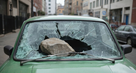 Broken-down car with large rock embedded in windshield. City street background features buildings, street lamp. Car broken windows visible, rock in front of windshield.