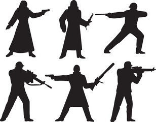 Naklejka premium Silhouettes of armed figures in action poses vector