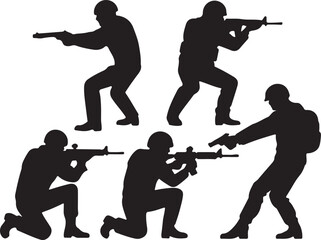 Soldiers aiming weapons in various combat stances military action