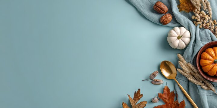 Minimalist Thanksgiving Cheer: Elegant Holiday Banner with Blue Backdrop and Ample Copy Space