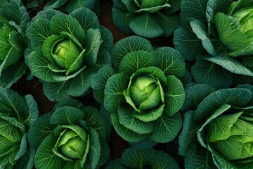 Fototapeta premium Aerial View of a Lush Large Vegetable Garden with Vibrant Cabbages and Dew-Kissed Crops in a Picturesque Agricultural Landscape