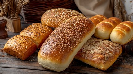 Artisan bakery display of freshly baked golden bread loaves with varied textures, showcasing rustic whole grain and white bread varieties on weathered wooden surface