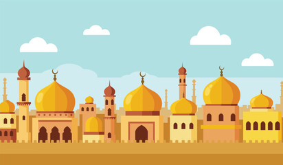 Flat Design Middle Eastern Cityscape with Mosques Minarets and Clouds