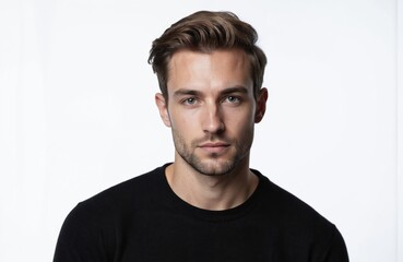 Handsome young man in black shirt. Man has short blonde hair and serious expression. White background makes him main focus. Simple setting emphasizes his presence.