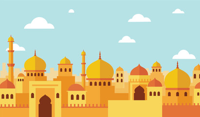 Flat Design Illustration of an Arabian Cityscape with Domes and Minarets