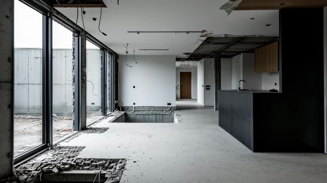 Modern home interior stripped down to framework renovation demolition underway.