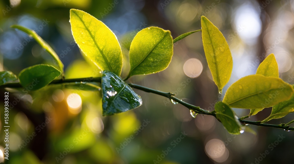 Poster Close-up of Lemon Tree Branch With Dew Drops and Bokeh in the Background During Golden Hour