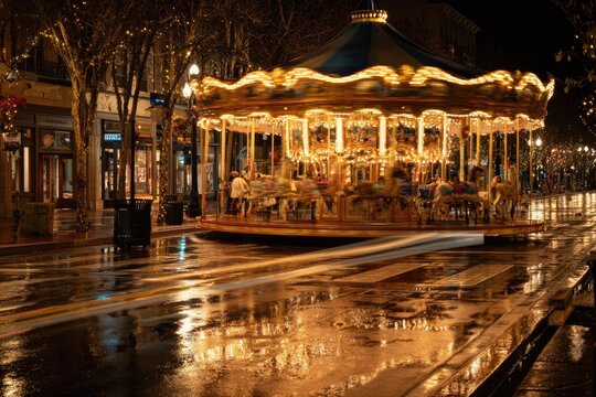Illuminated carousel in a wet city street at night
