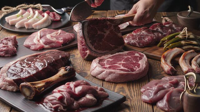 Cinematic Carnivore Diet Video, Close-Up of Premium Meat Cuts, Sizzling Steaks, Organ Meats, Bone Marrow, Zero Carb High Protein Lifestyle, Primal Eating, Slow Motion Food Loop, Rustic Kitchen