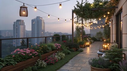 Fototapeta premium Rooftop terrace with string lights and city view at dusk