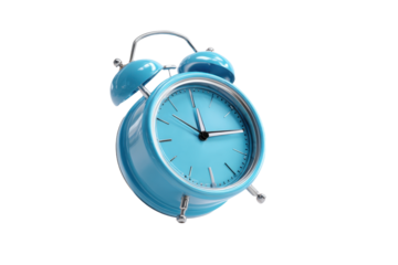 Isolated blue alarm clock flying over white background