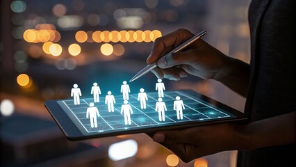 Person using tablet to analyze team members with digital interface